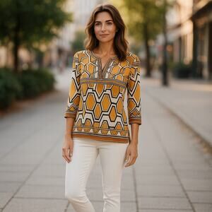 Chico's Womens Tunic Sz 2 L 12 African Ikat Dashiki Inspired Gold Mustard Blue